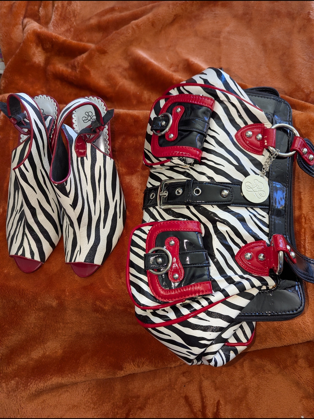 J.Renee Zebra Print Ankle Bootie w/Red Accents And Matching Satchel Shoulder Bag